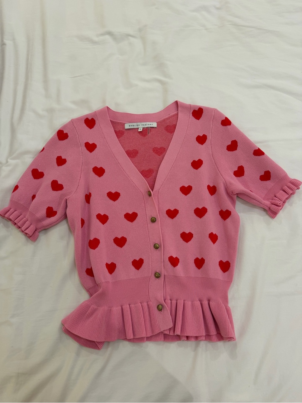 English Factory Pink Heart Print Button-Front Cardigan